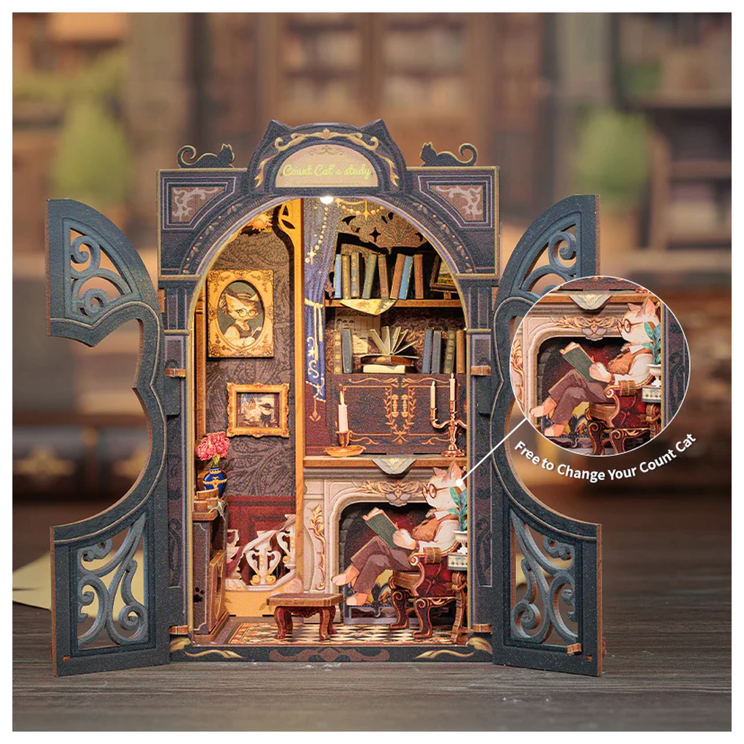 Sada do knihovny BOOK NOOK KIT DIY Cat's Study (108 ks) + LED světlo fotografii produktu