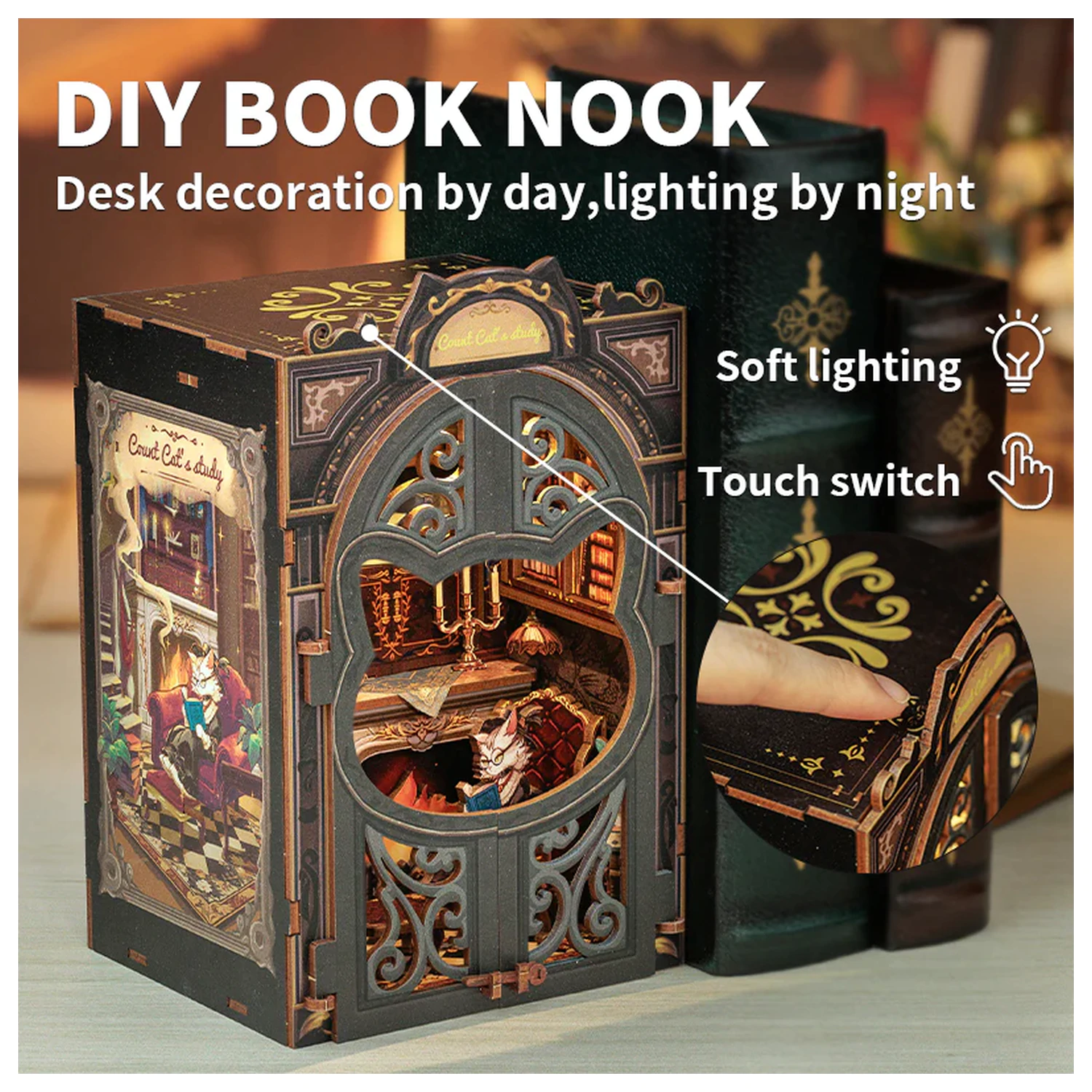 Sada do knihovny BOOK NOOK KIT DIY Cat's Study (108 ks) + LED světlo fotografii produktu