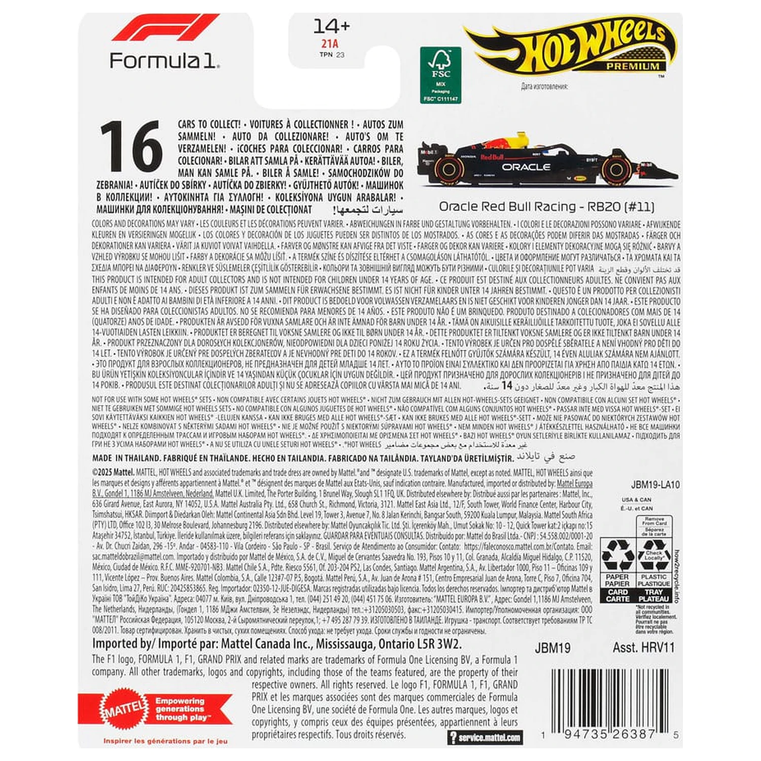 Formula 1 Hot Wheels Premium Kovové autíčko 1/64 Oracle Red Bull Racing RB20 (#11) (Sergio Perez 2024) fotografii produktu