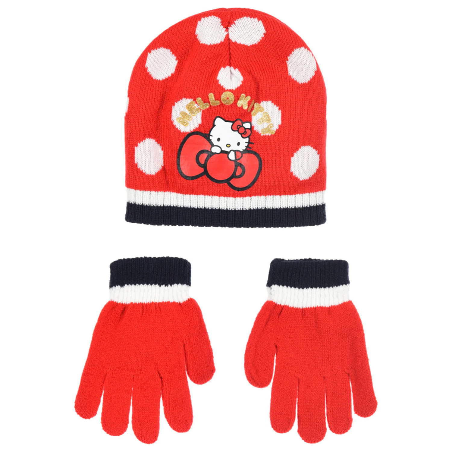 Hello Kitty Cute Dots červená dětská čepice a rukavice set 54 cm fotografii produktu