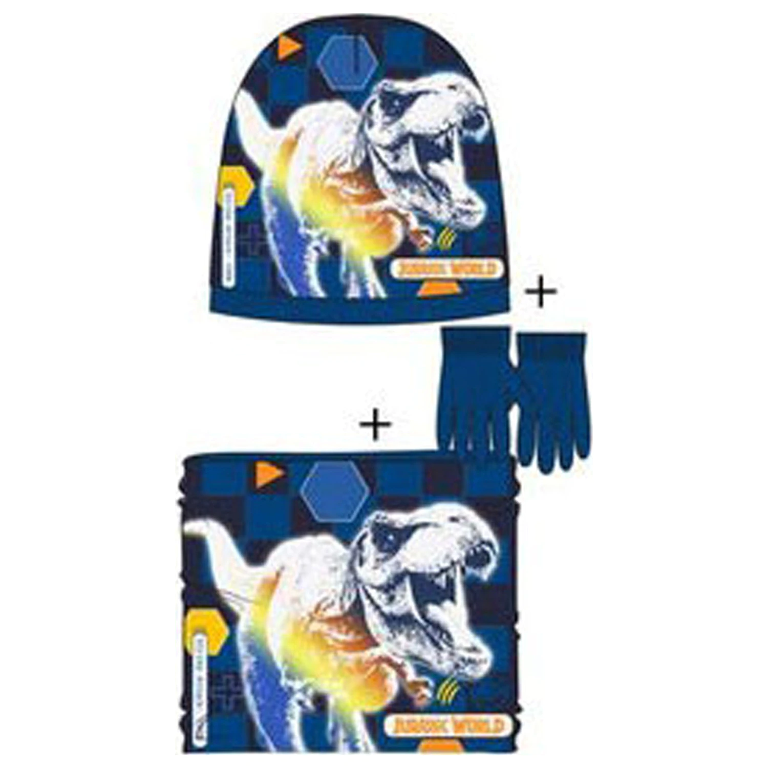 Jurassic World Attack tmavě modrá dětská čepice, snood a rukavice set 54 cm fotografii produktu