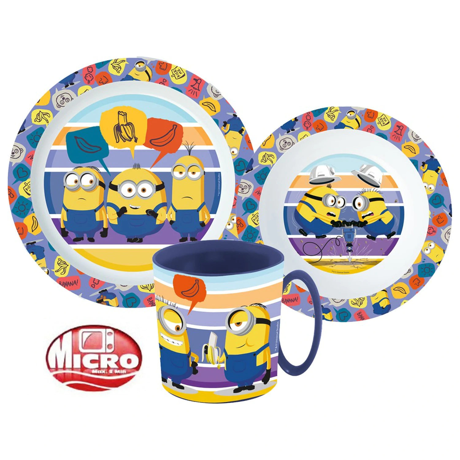 Minions pruhované jídelní nádobí, mikro plastová sada s hrnkem fotografii produktu