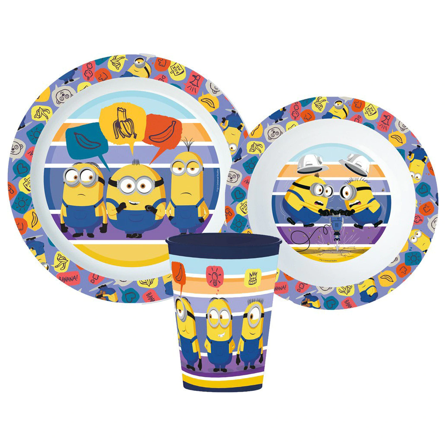 Minions Pruhovaná jídelní souprava, sada z mikro plastu, s 260 ml hrnkem fotografii produktu