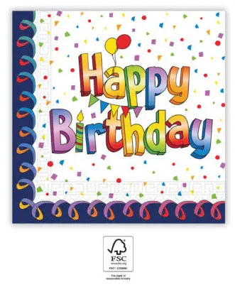Vícebarevné Ubrousky Happy Birthday 20 kusů 33x33 cm FSC fotografii produktu