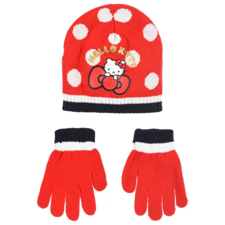 Hello Kitty Cute Dots červená dětská čepice a rukavice set 54 cm fotografii produktu